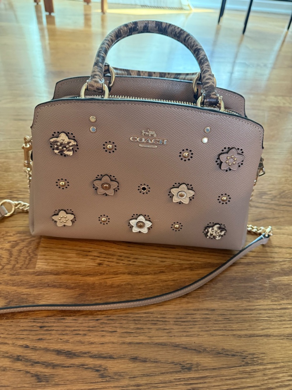 Coach Taupe Floral Appliqué Satchel with Gold Hardware. EUC! No signs of wear.